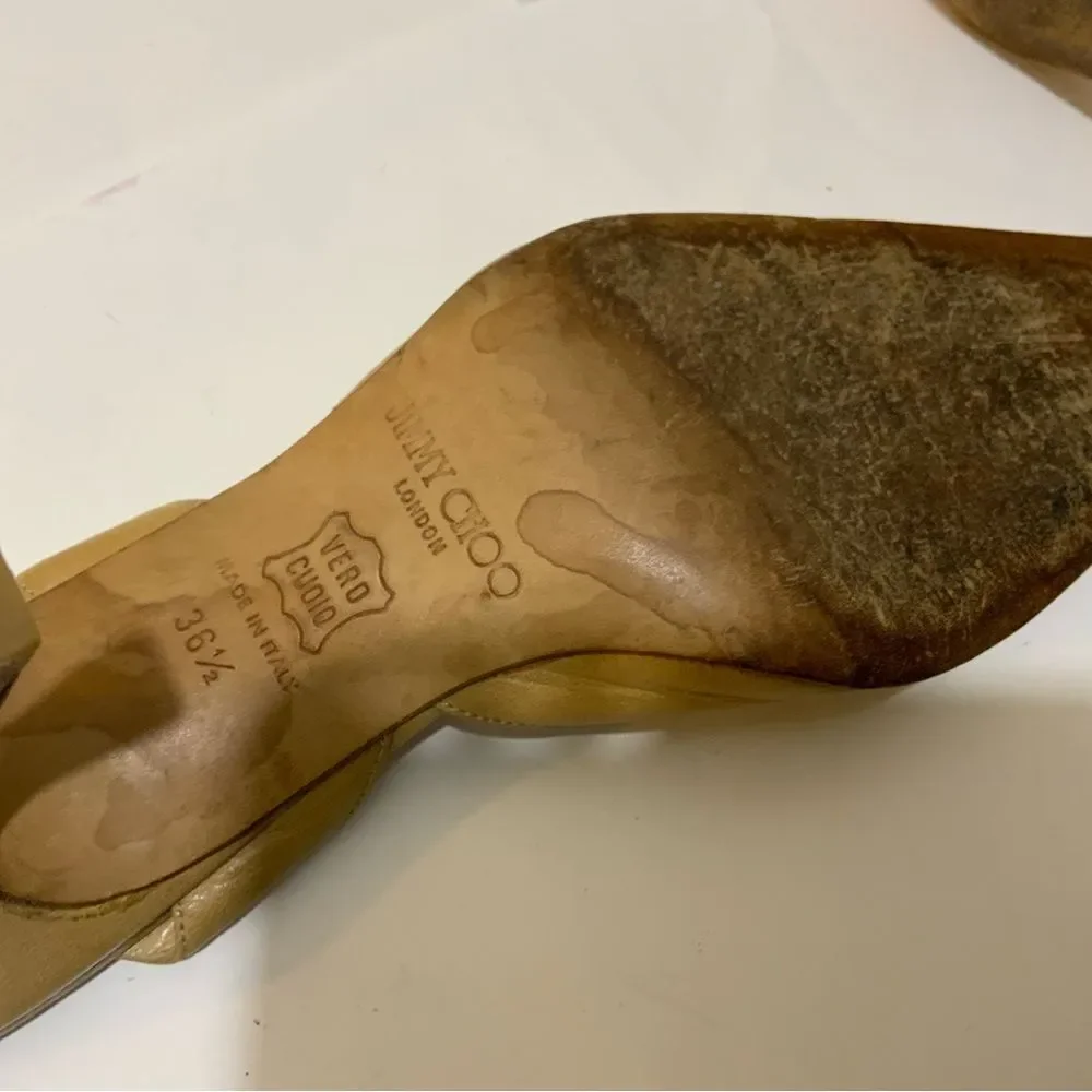 Jimmy Choo Size 36.5 Tan Leather Pointed Toe Slingback Kitten Heels